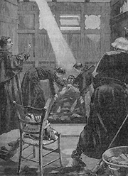 Vue interieure de la piscine provisoire des hommes a Lourdes, printed in 'Le Pelerin,' September 11, 1880