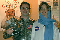 Authors Denise Matychowiak and John Zmirak dramatize the Annunciationa.k.a."The Vatican Space Program," at a book fair in Manhattan.