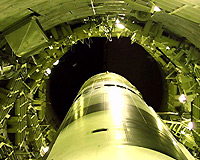 A view of a Titan II missile from within its silo. 
